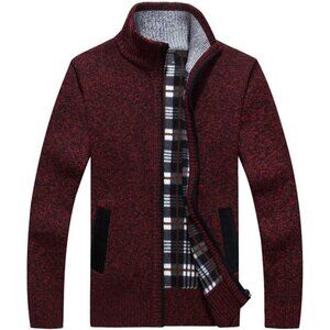 Men Purplered Casual Slim Full Zip Knited Polyester Cardigan Sweater with Pocked